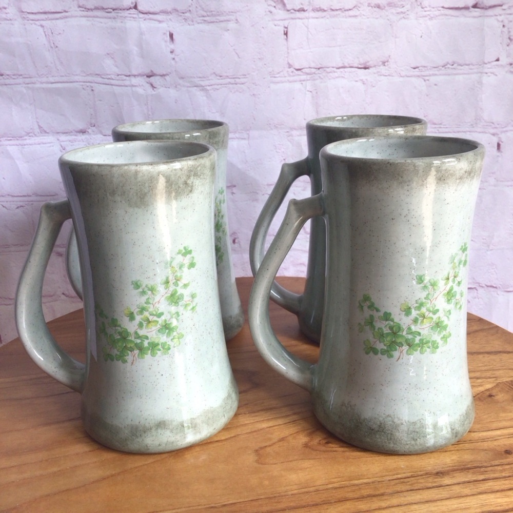 Artist Signed Ceramic Shamrock Handled Mugs - Set of 4